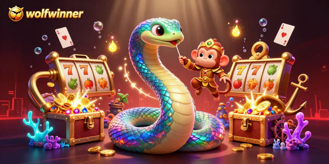 wolfwinner illustrates an exciting casino scene with a rainbow serpent and a monkey king amid slot reels and treasures.