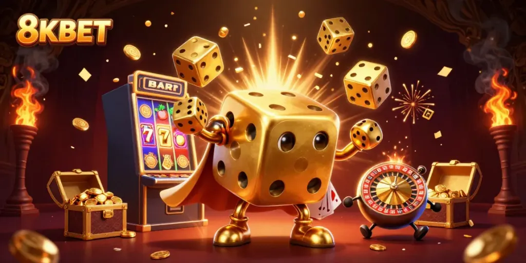 Experience the excitement of 8KBET with a dynamic scene of golden dice, jackpot explosions, and visual casino elements.