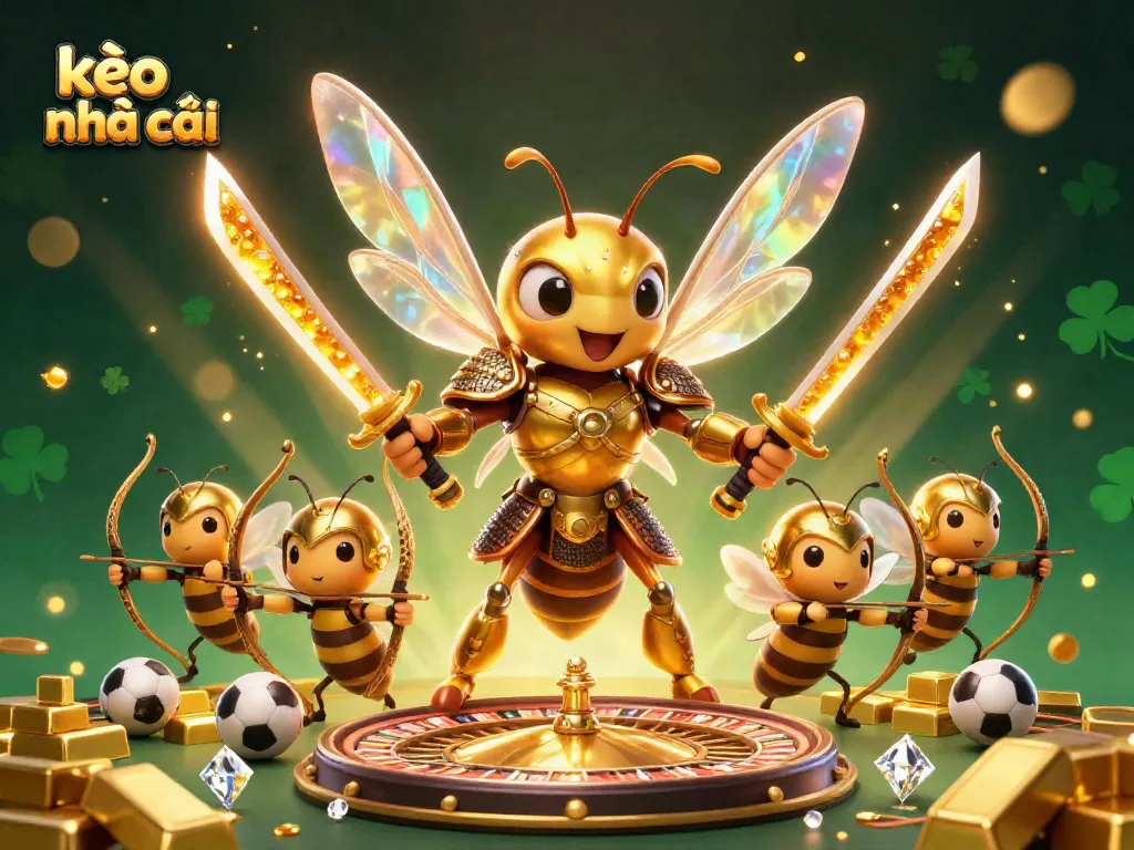 Engage in thrilling bets with the vibrant kèo nhà cái featuring a dynamic scene of a golden hornet and bee archers amidst roulette elements.
