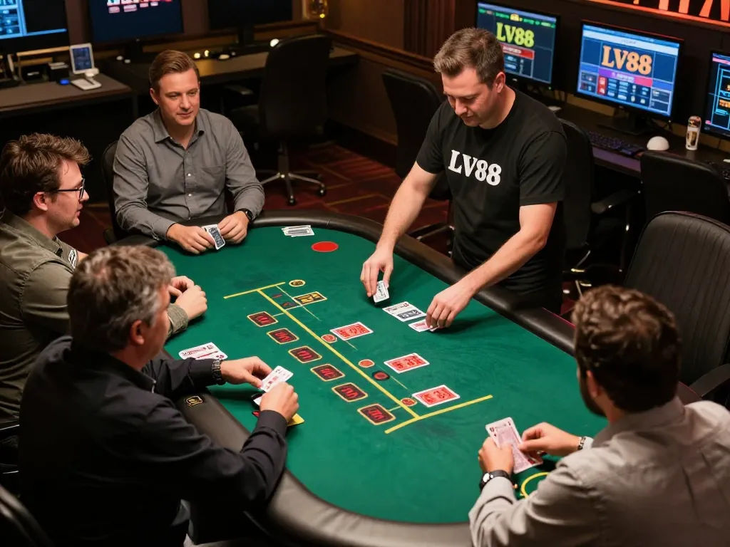Players engaging in an exciting live dealer game at LV88 online casino with cards being dealt