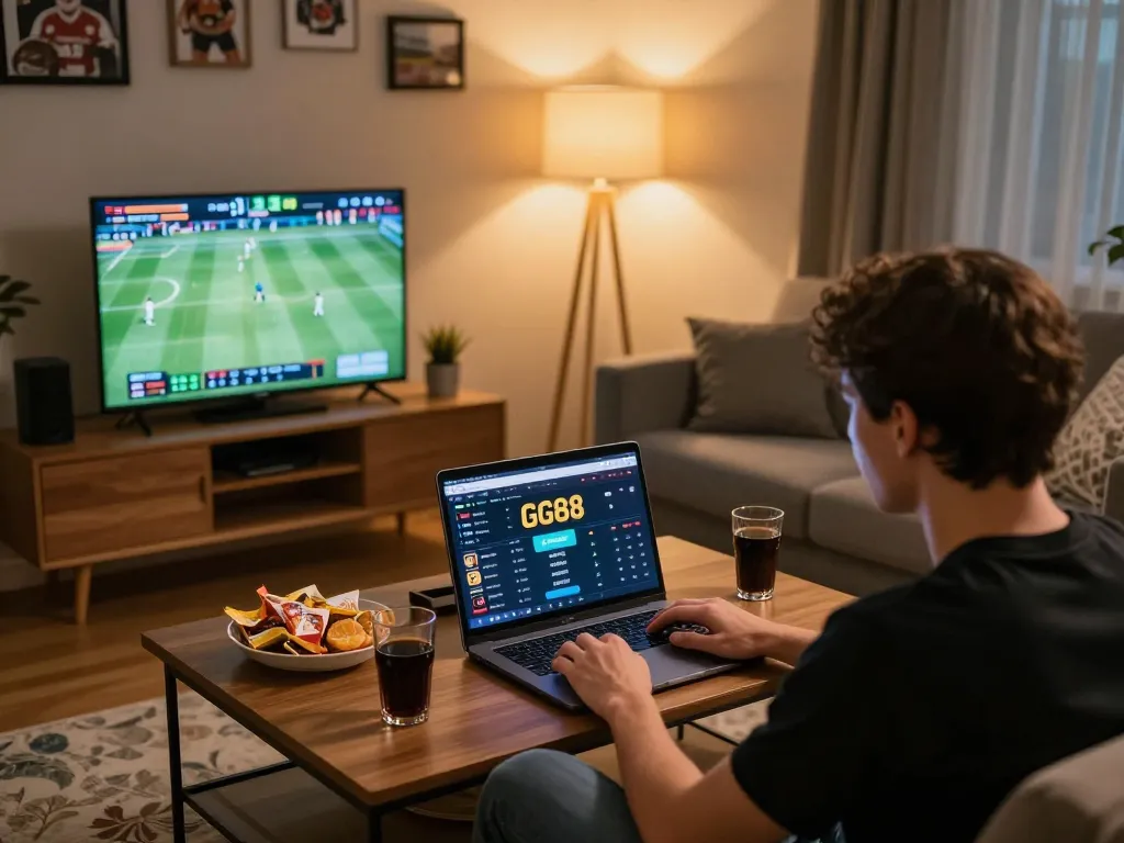 Engaging in sports betting on GG88, with a user-friendly interface visible in a cozy home setup
