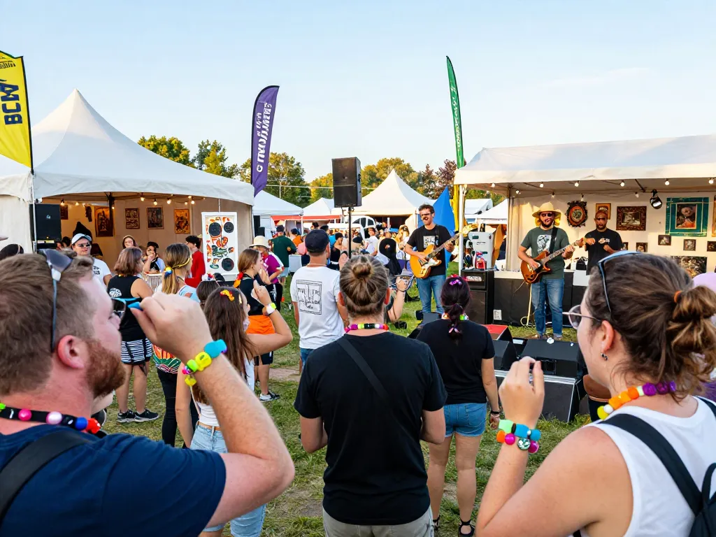 Personalized festival armbänder worn by attendees enjoying a vibrant outdoor music festival atmosphere.