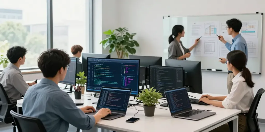 Diverse professionals collaborating in modern workspace on Enterprise AI project with data visualizations and coding.