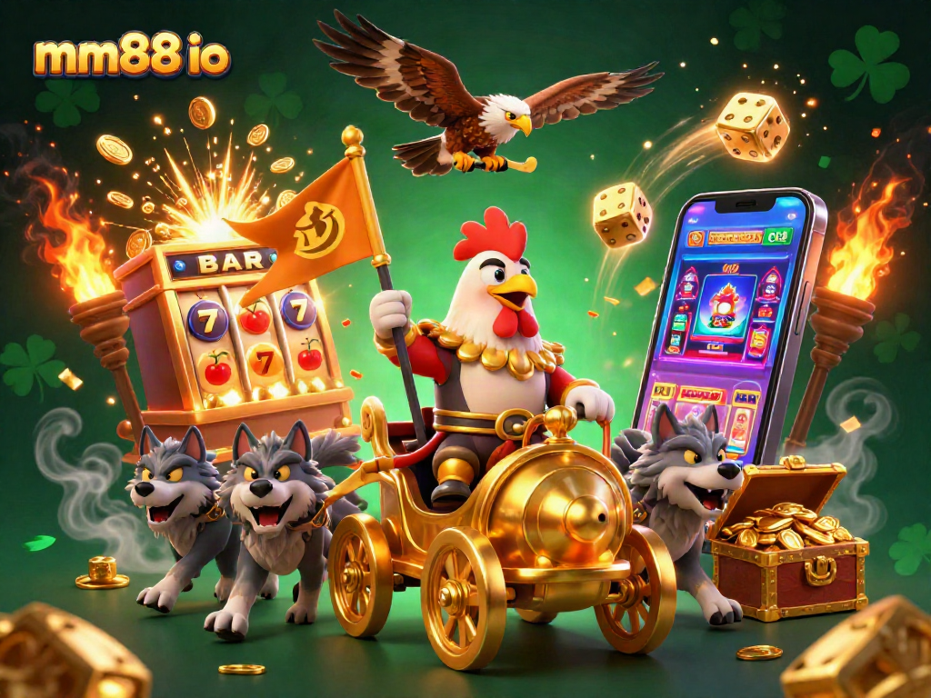 Spin to win at mm88 io with thrilling slots and colorful game elements around a rooster warlord.