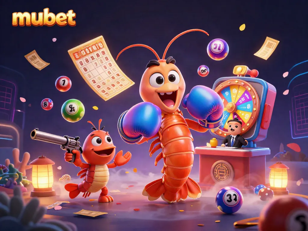 Mubet showcases a vibrant 3D casino scene with colorful elements representing excitement and jackpot opportunities.