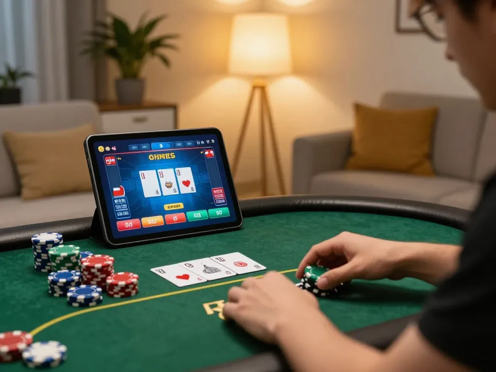 Player engaging in online poker gameplay, showcasing strategic action at home with rachit guiding their gaming decisions.