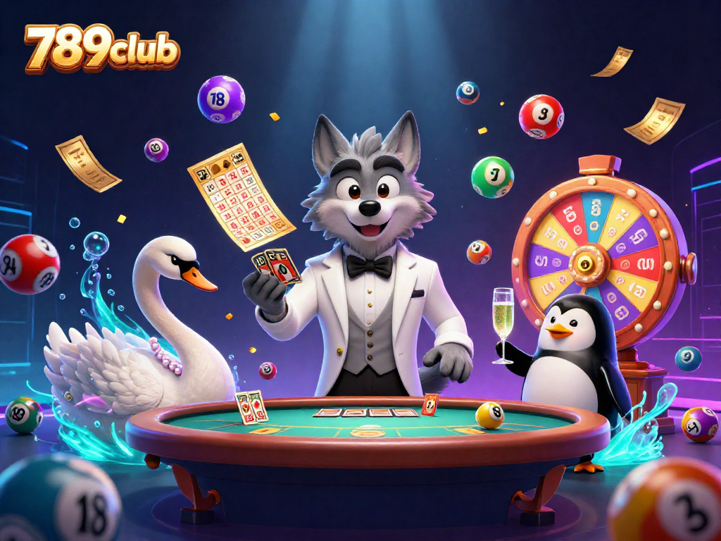 Engage with the exciting atmosphere of 789club featuring a debonair wolf and elegant characters amidst lively casino elements.
