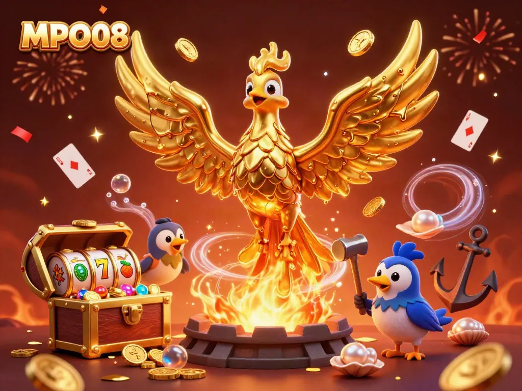 Experience thrilling wins with MPO08's molten phoenix and slot riches illustration.