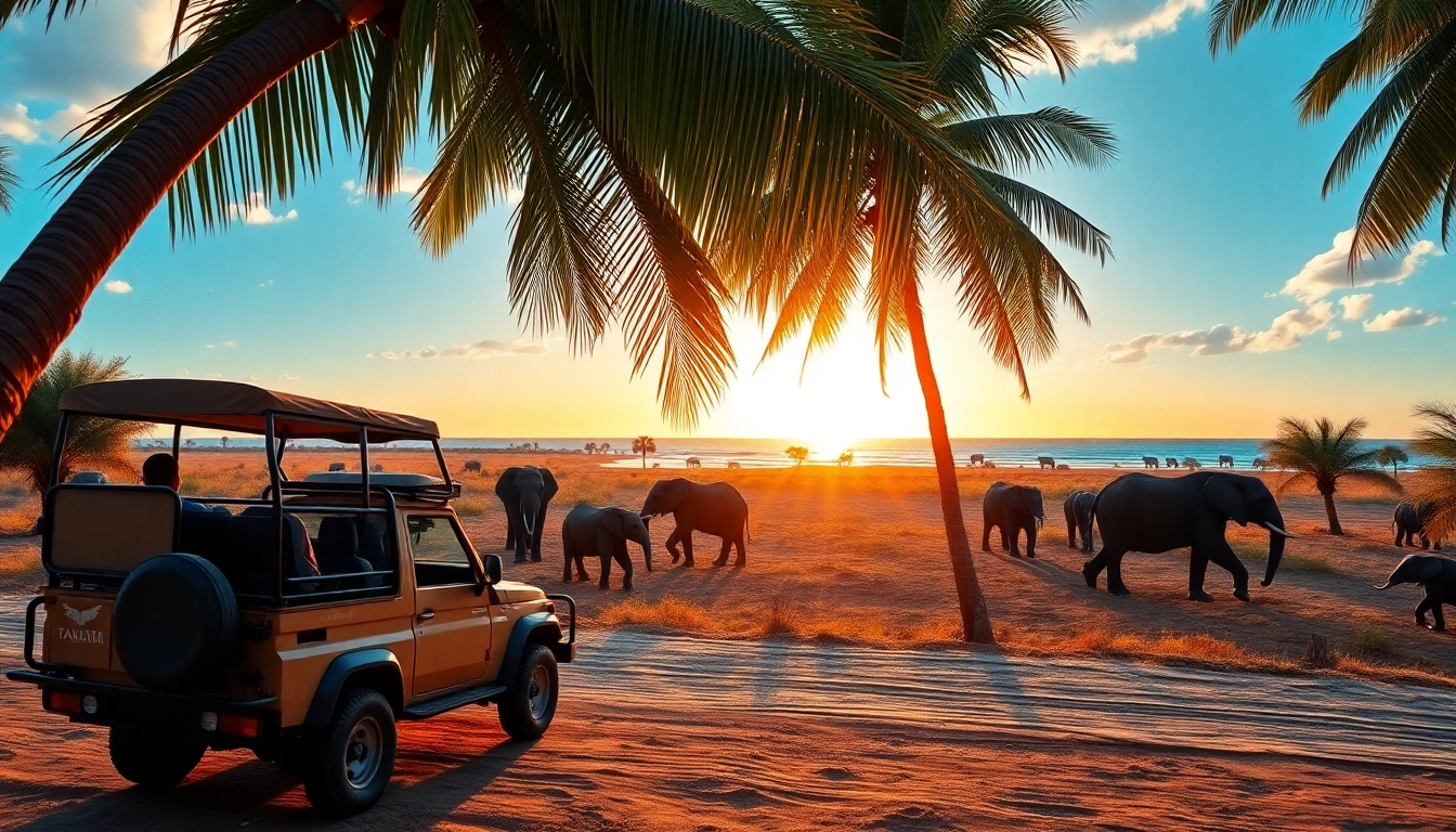 Experience Tanzania safari and Zanzibar beach with elephants grazing at sunset by the sea.