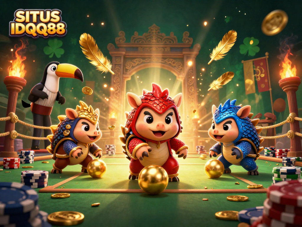 Engage with SITUS IDQQ88 in a dynamic casino showdown featuring armored pangolins and vibrant gambling elements.
