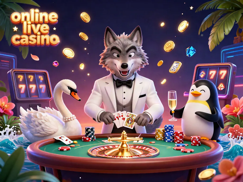 Experience the thrill of an online live casino with dynamic characters and vibrant gaming elements.