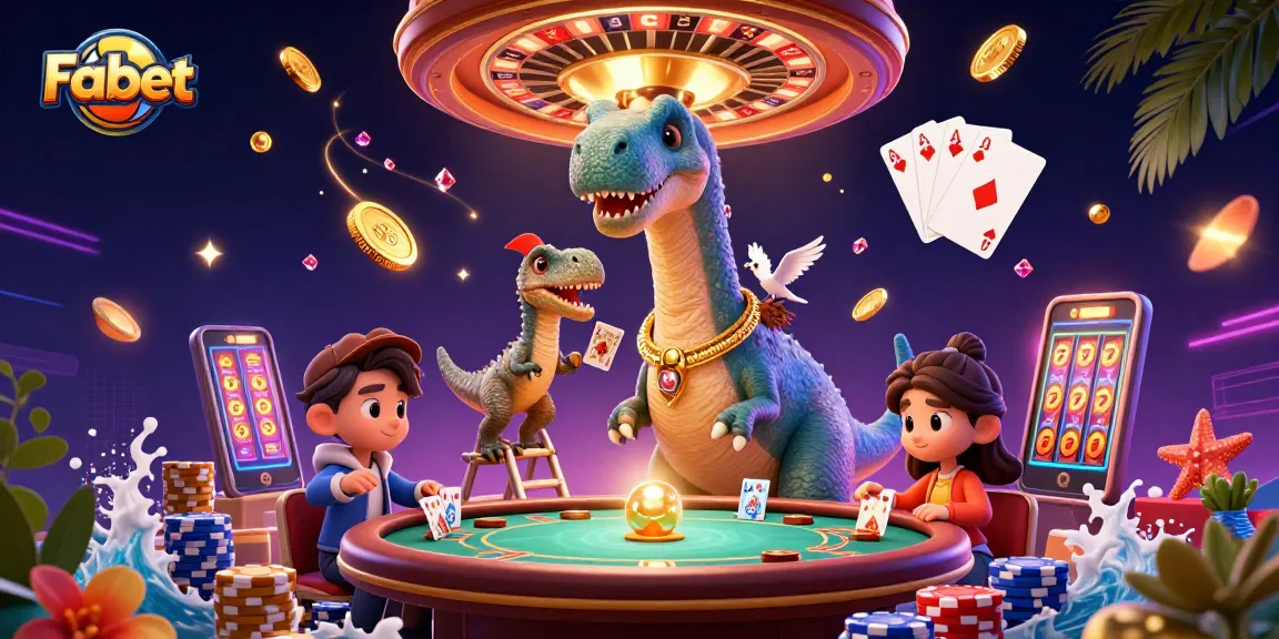 Experience Fabet's colorful casino action with a towering dinosaur and playful raptor dealing cards.