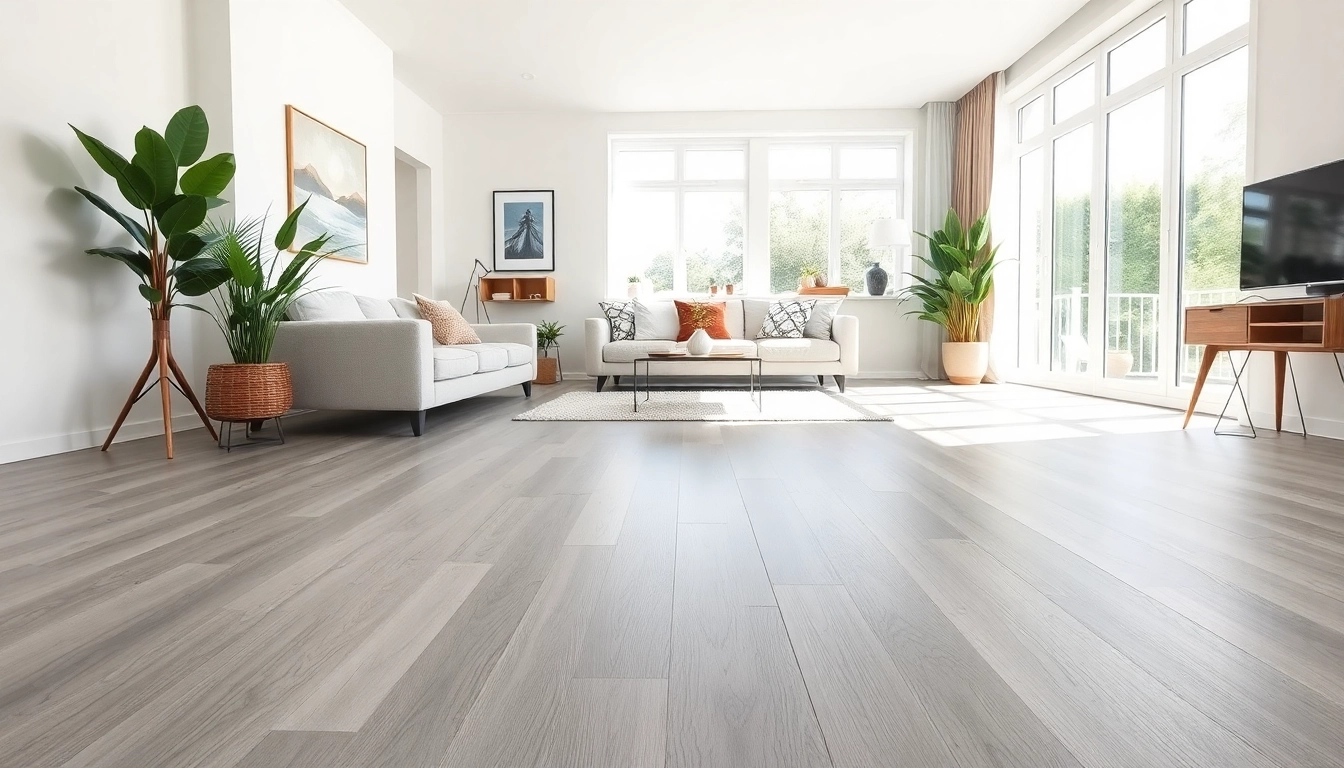 Showcase of grey vinyl flooring in a modern living room, highlighting its sleek design and inviting atmosphere.