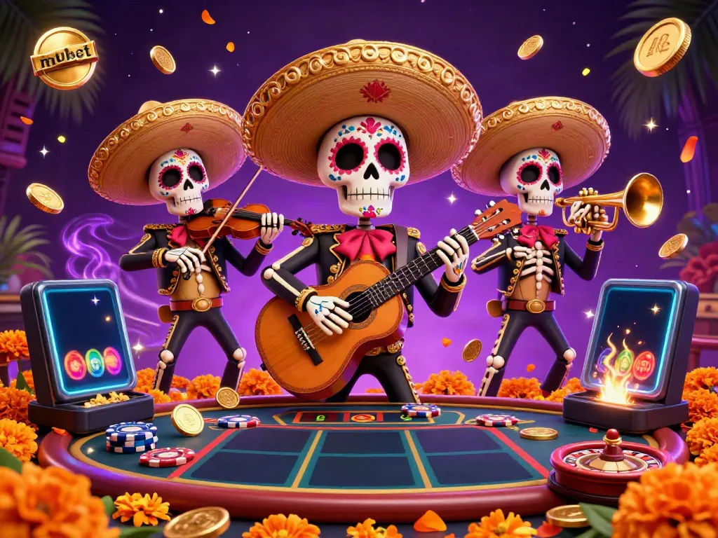 Play thrilling slots at mubet with a festive Mariachi band, colorful games, and lively casino energy.