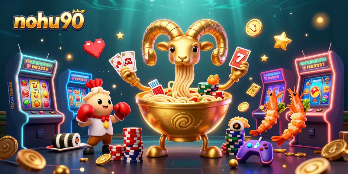 Nohu90 showcases a vibrant scene with a golden ramen bowl dealer amidst lively slot elements.