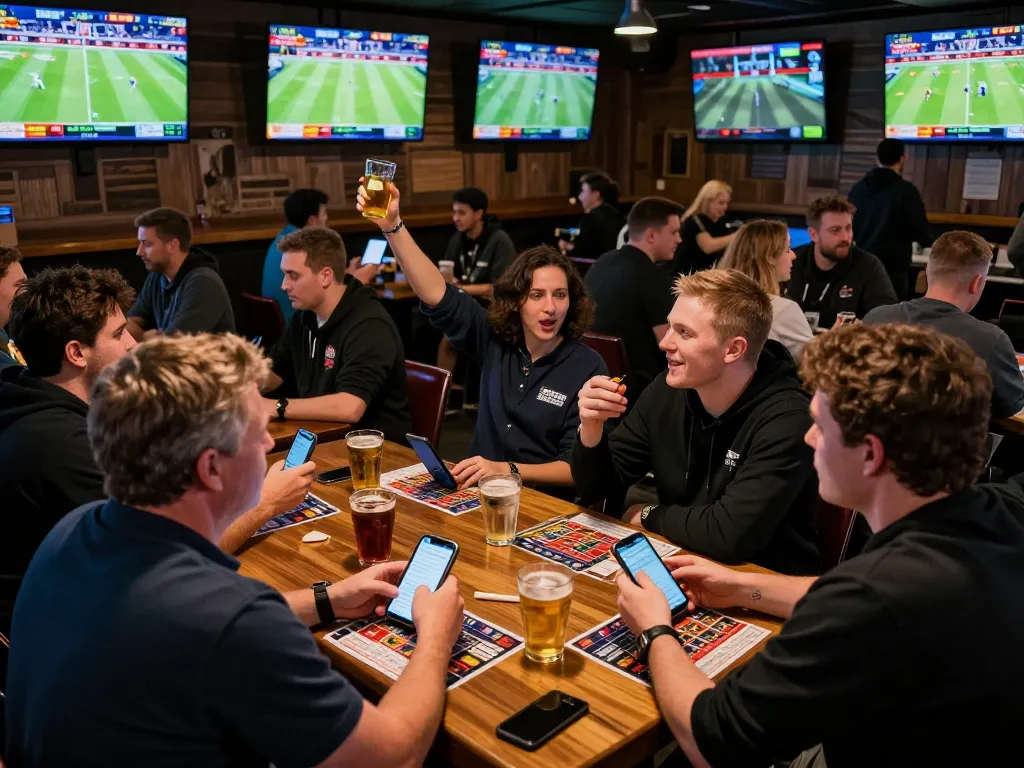 Tỷ lệ kèo nhà cái in action at a lively sports bar with fans betting on live games