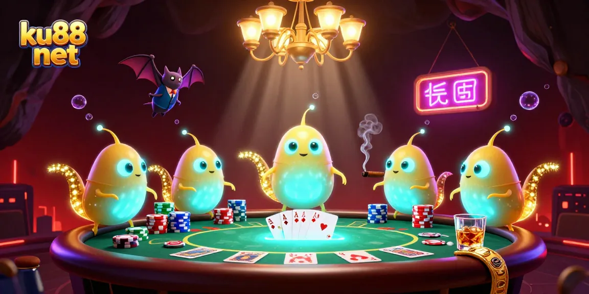 Engage in exciting gameplay at ku88 net with vibrant glowworms lighting a casino scene featuring poker elements.