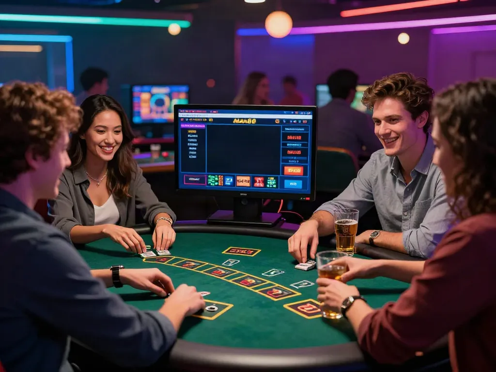 Group of friends enjoying online gaming at https://man88pro.com/ vibrant casino table with drinks and gaming interface.