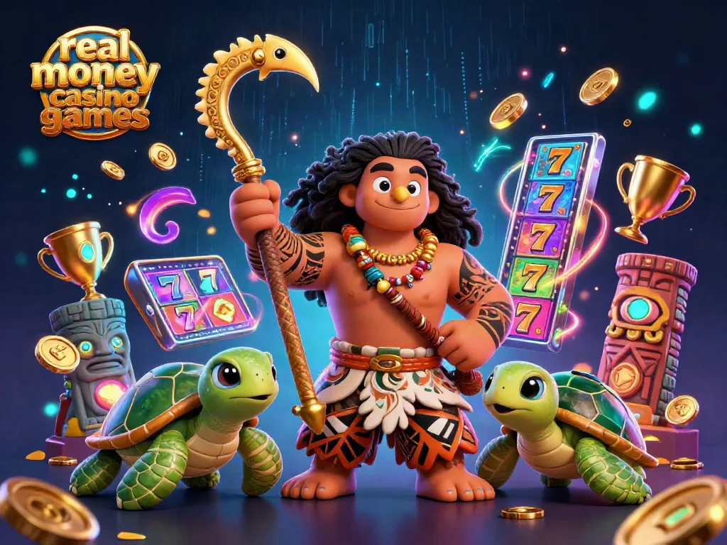 Experience thrilling real money casino games with a Polynesian demigod and vibrant casino elements.