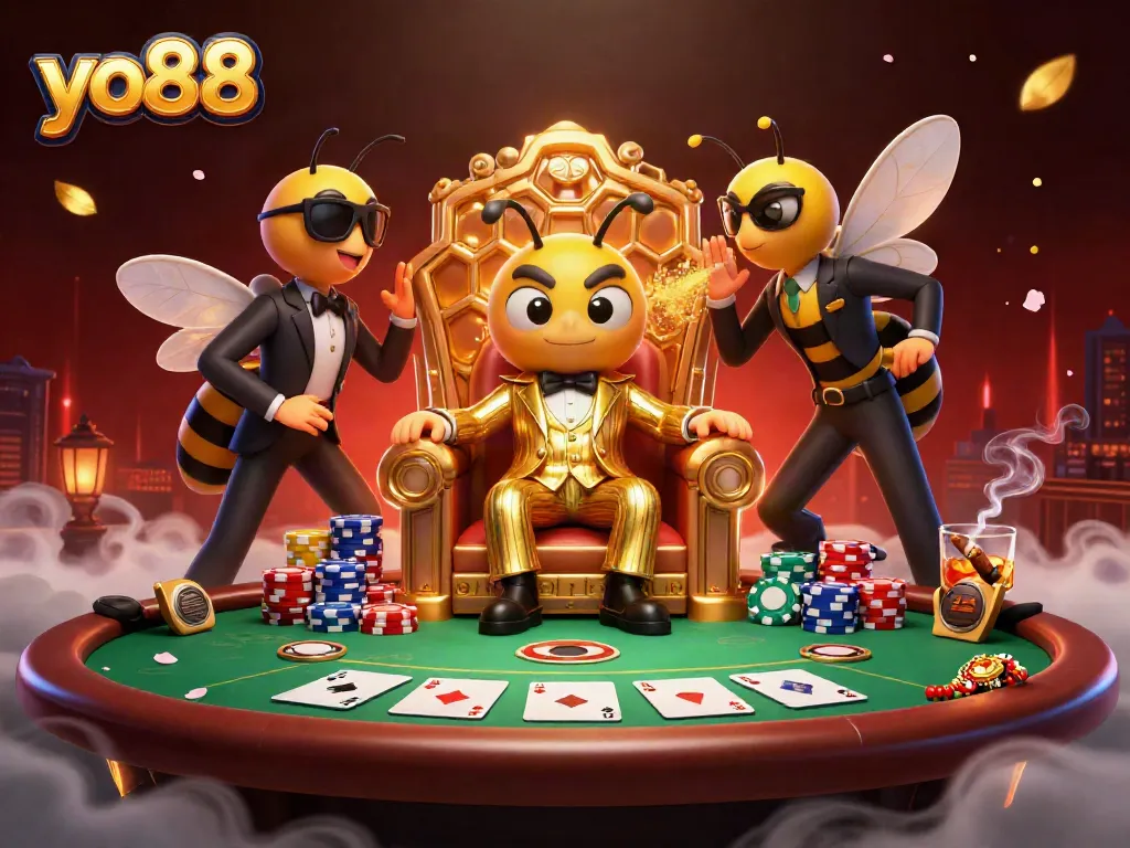 Experience the thrill of yo88 with a vibrant casino scene featuring a cartoon mob boss and poker elements.