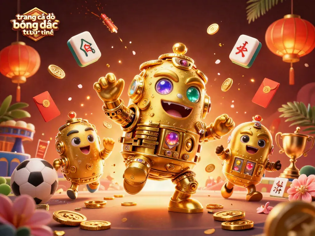 Cá độ bóng đá trực tuyến với hình ảnh golem vàng và các yếu tố thể thao đầy màu sắc