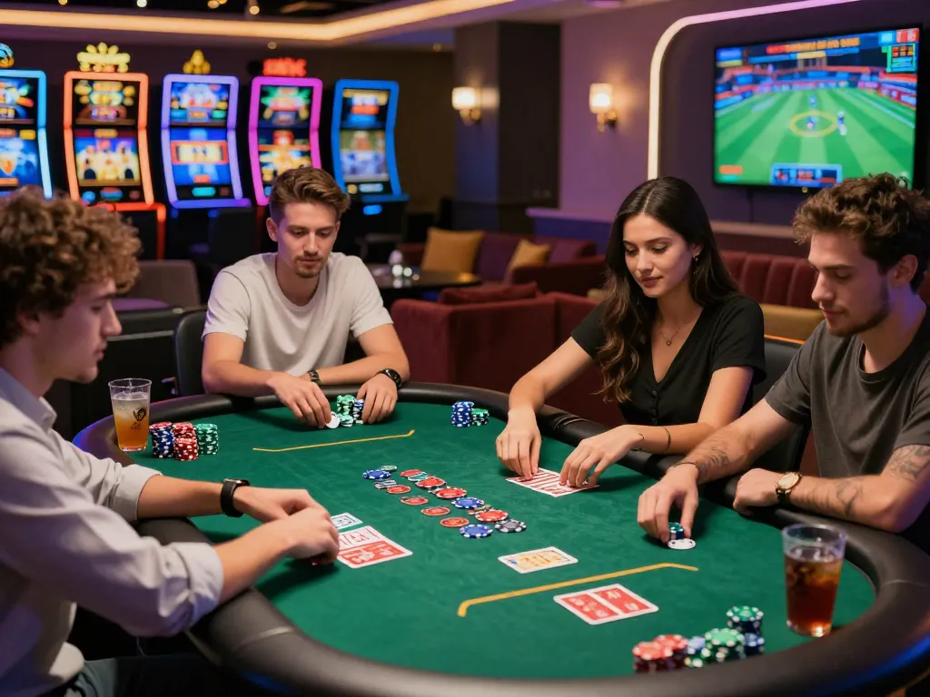 Engaging VN88 online casino scene with friends playing poker amidst vibrant lights and modern furnishings.