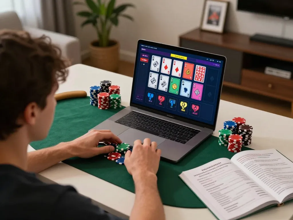 Elevated view of a player engaging with online poker, strategies visible, enhancing rokok88 rtp understanding.