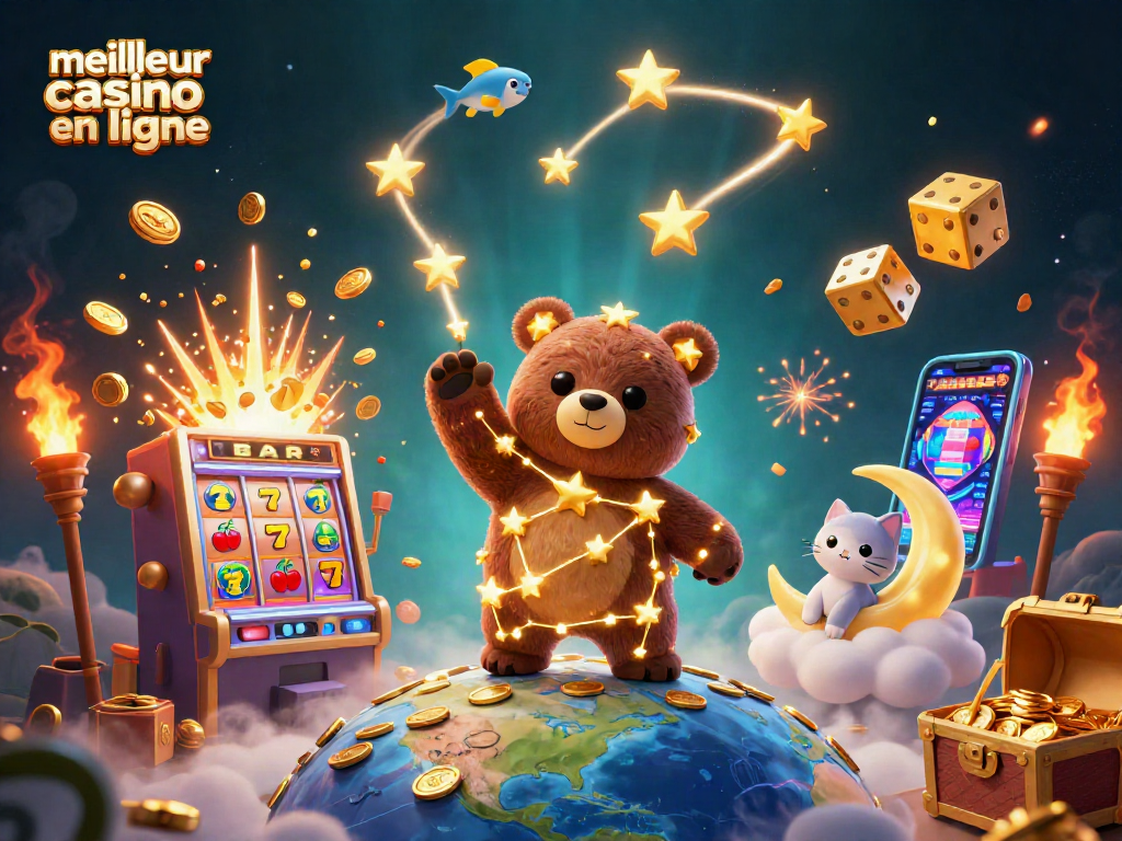 Illustrez le meilleur casino en ligne avec un ours constellation en or, des symboles de machine à sous et des étoiles filantes.
