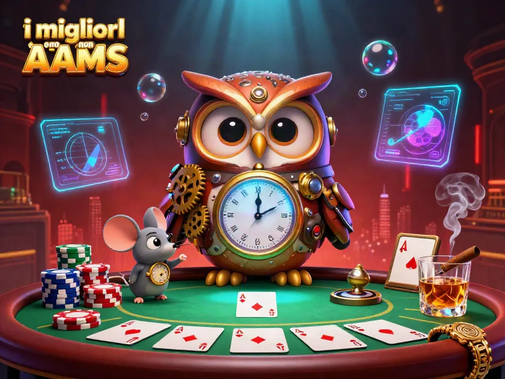 I migliori casino non AAMS presentano un'immagine vivace di un gufo viaggiatore nel tempo e un topo meccanico in un'illustrazione 3D di alta qualità.