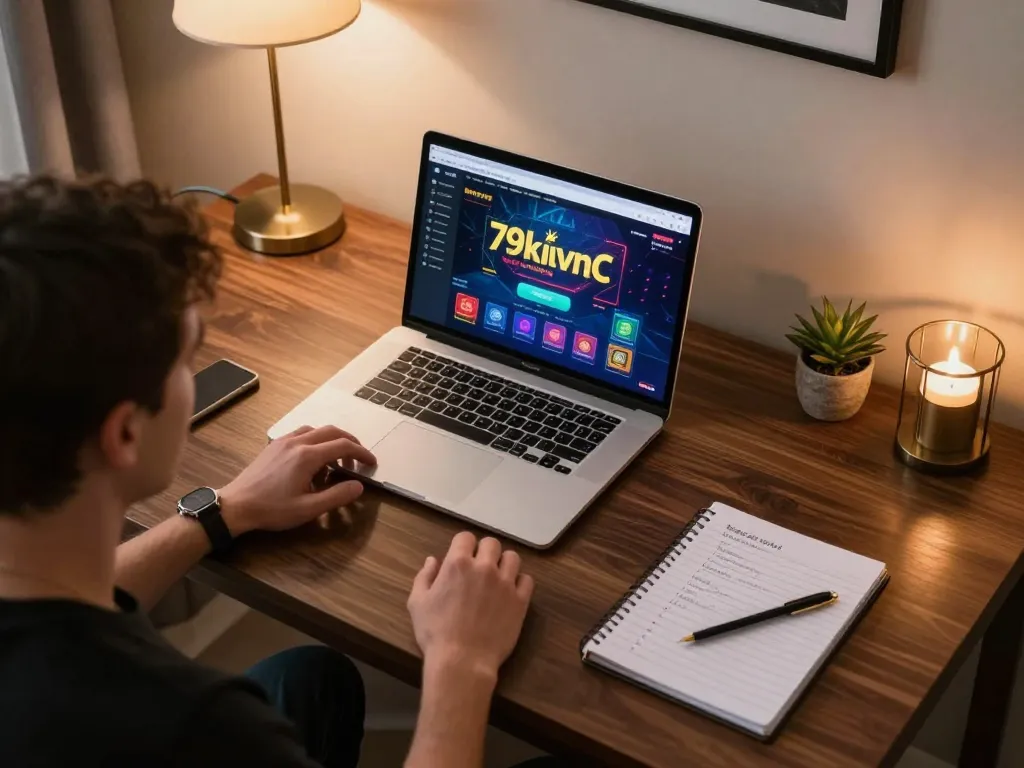 Engaging gameplay on 79kingvnc as player strategizes online betting in a stylish home office.