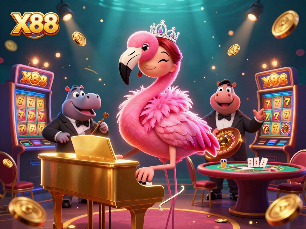 X88 casino scene with lounge singer flamingo and hippo bassist performing amidst slot reels and vibrant elements.