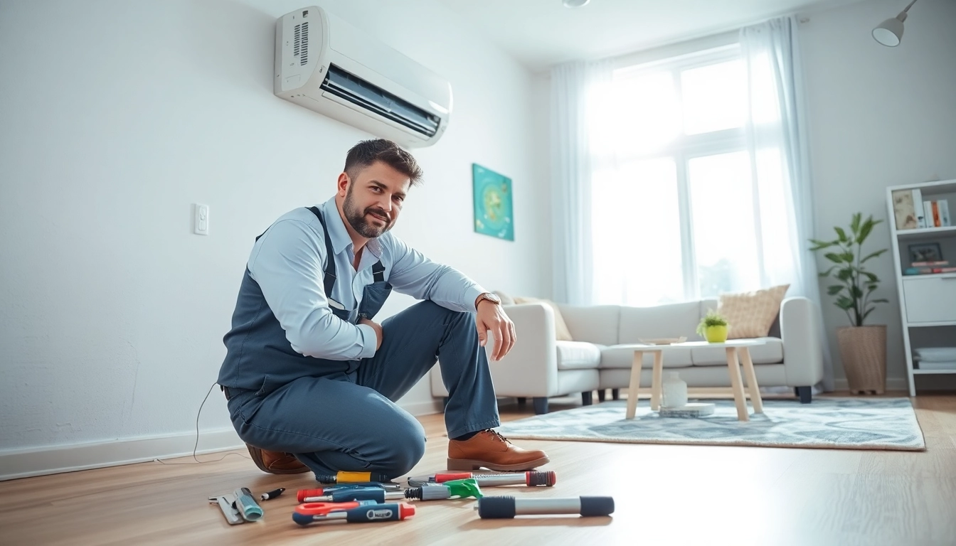 Technician working on AC Repair Tampa in a bright living room setting.