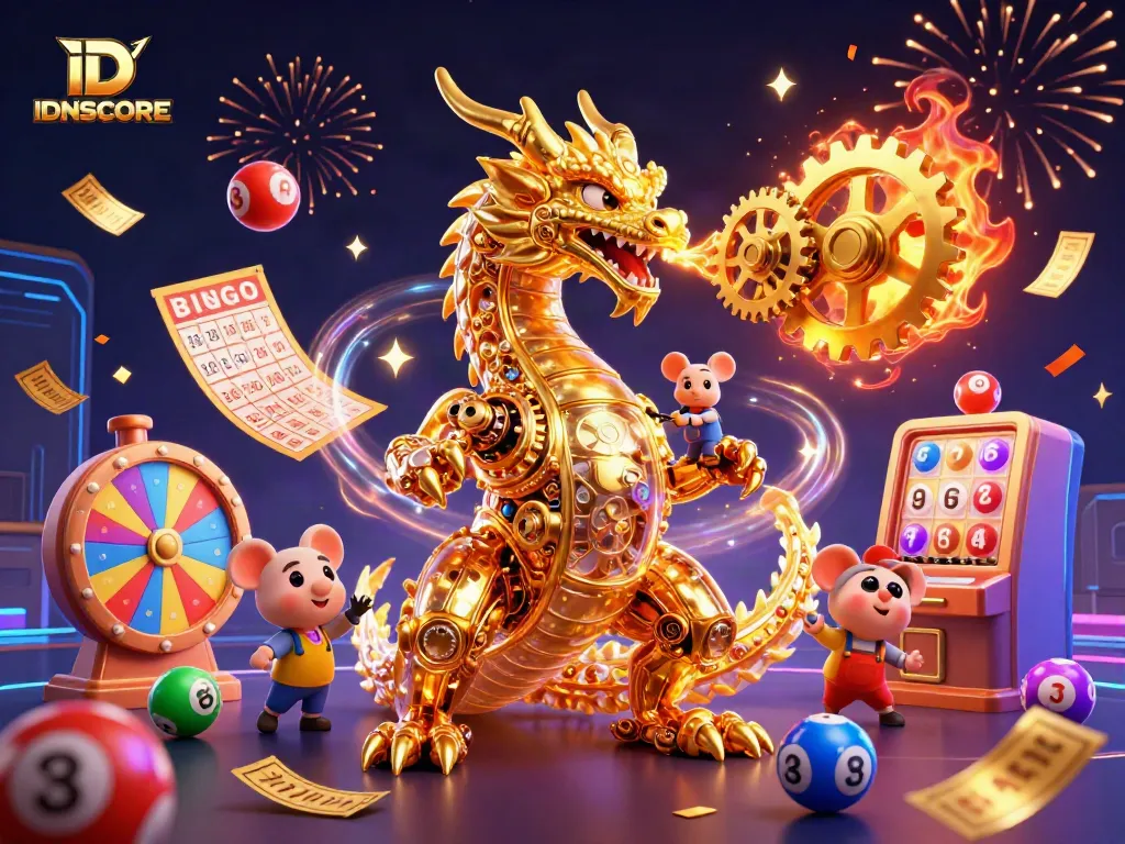 IDNSCORE challenges players with a vibrant 3D illustration of a dragon and lottery elements.