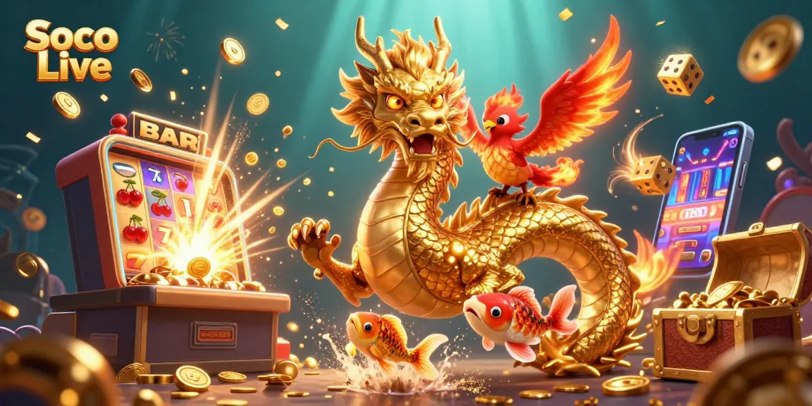 Soco Live showcases an exciting 3D casino scene with vibrant gaming elements and energetic characters.