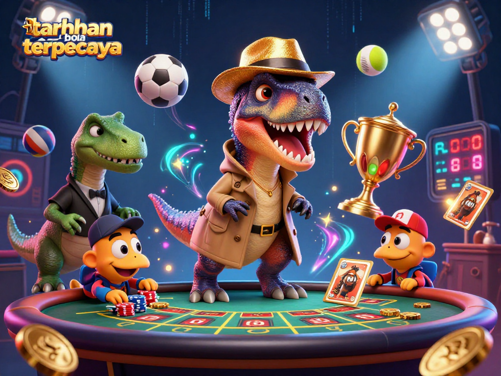 Engage in taruhan bola terpercaya with thrilling 3D scene of a velociraptor card counter and dynamic sports elements.