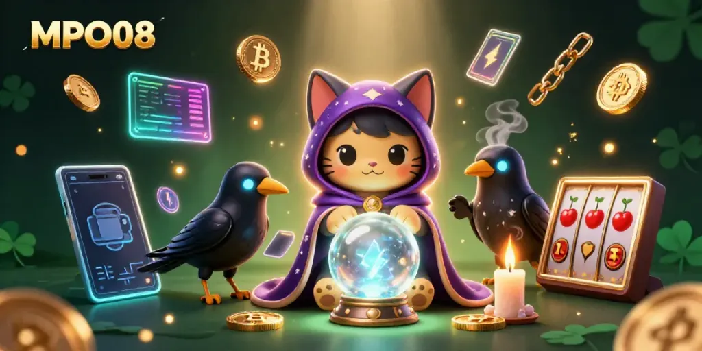 MPO08 unleashes vibrant gaming energy with a fortune teller cat, a tarot-card raven, and dazzling slot elements.