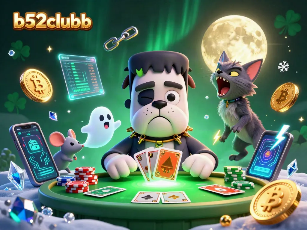 b52clubb features a Frankenstein bulldog monster dealing cards at a haunted casino table.