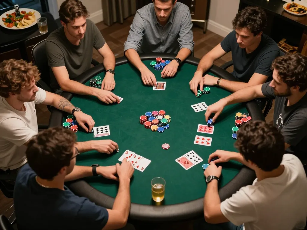 nhacaiuytin players enjoying a home poker game night with friends, showcasing vibrant chips and cards.