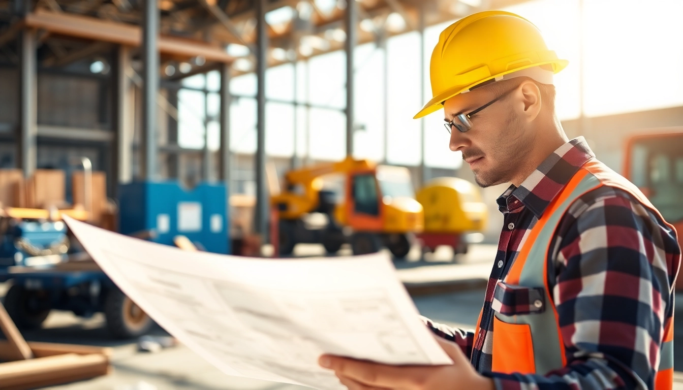 New Jersey General Contractor reviewing blueprints at a vibrant construction site with tools nearby.