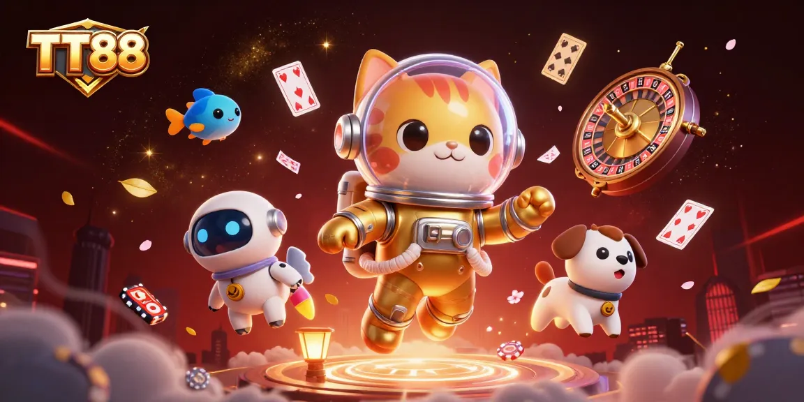 TT88 illustration of a space cat and robot dog among casino elements, showcasing vibrant gaming excitement.