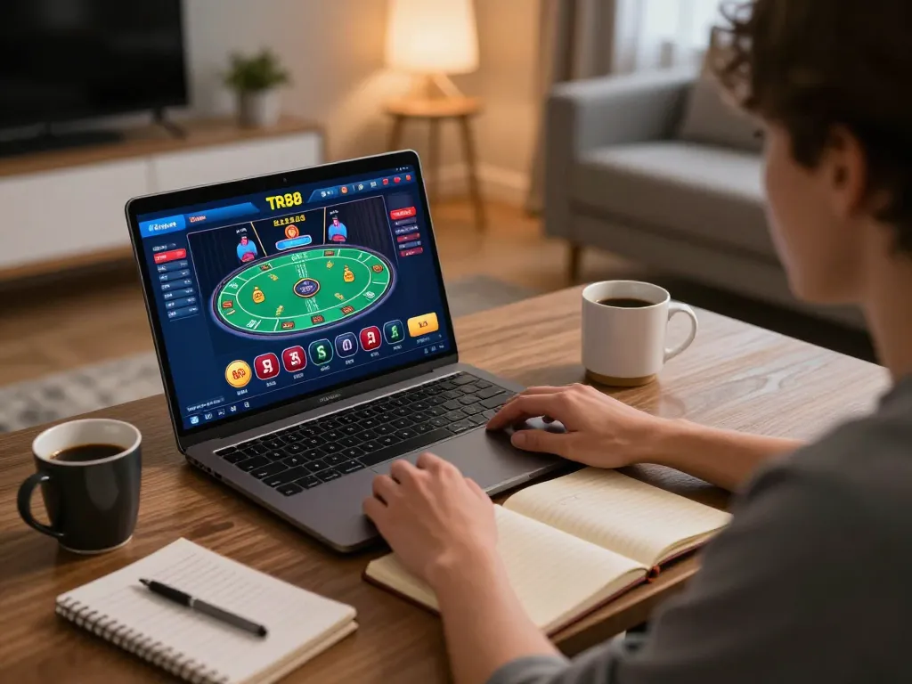 Player engaging with TR88 online casino platform, showcasing responsible gaming strategies at home.