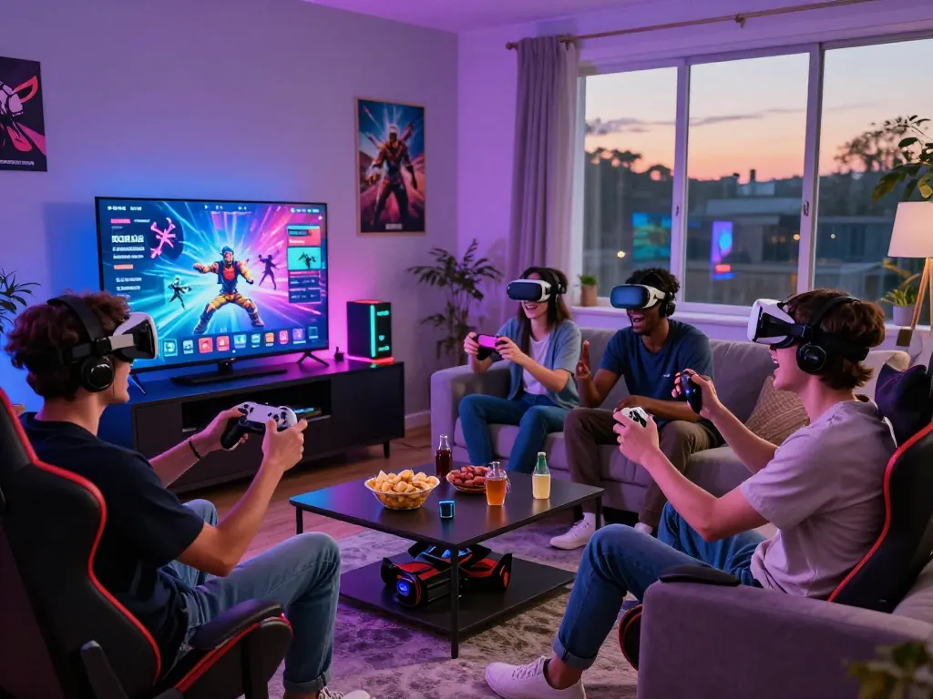 A vibrant KO66 gaming scene showing friends enjoying online games together in a cozy living room, filled with modern tech and snacks.
