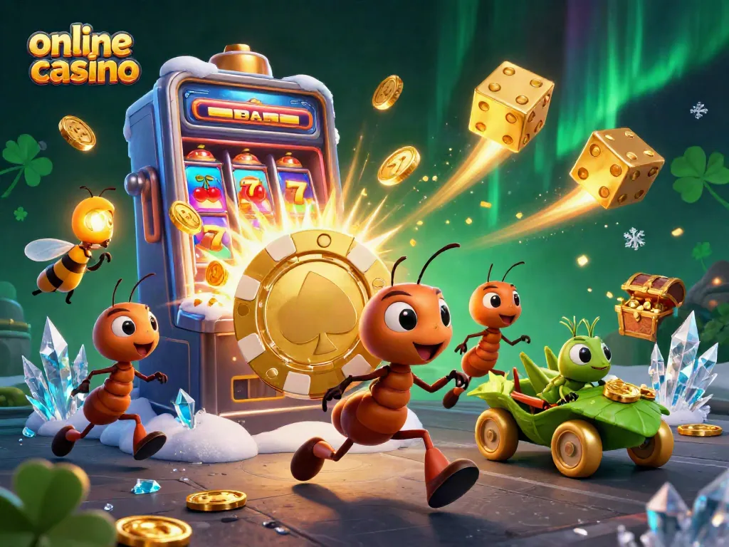 Juega en un emocionante casino online mientras las hormigas llevan fichas doradas hacia la victoria.