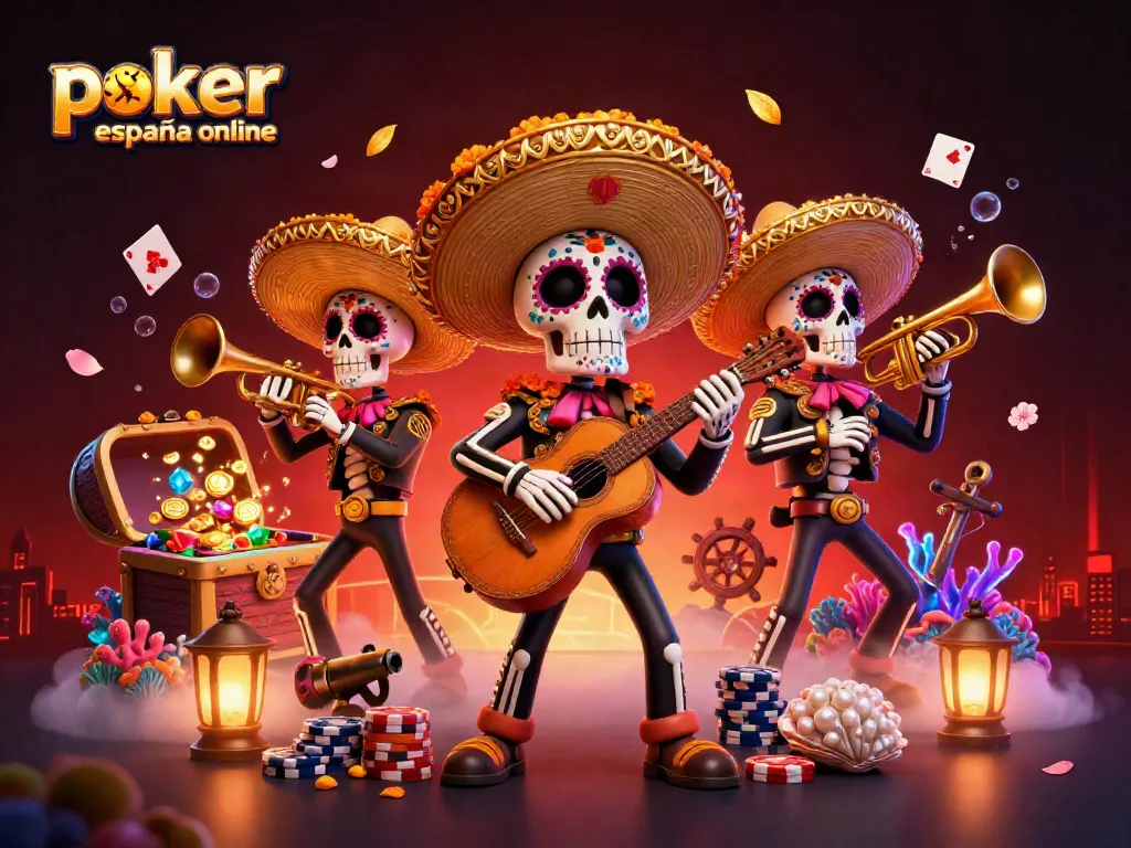 Disfruta del póker en línea en España con la animada banda de mariachi y una mesa vibrante de juego.
