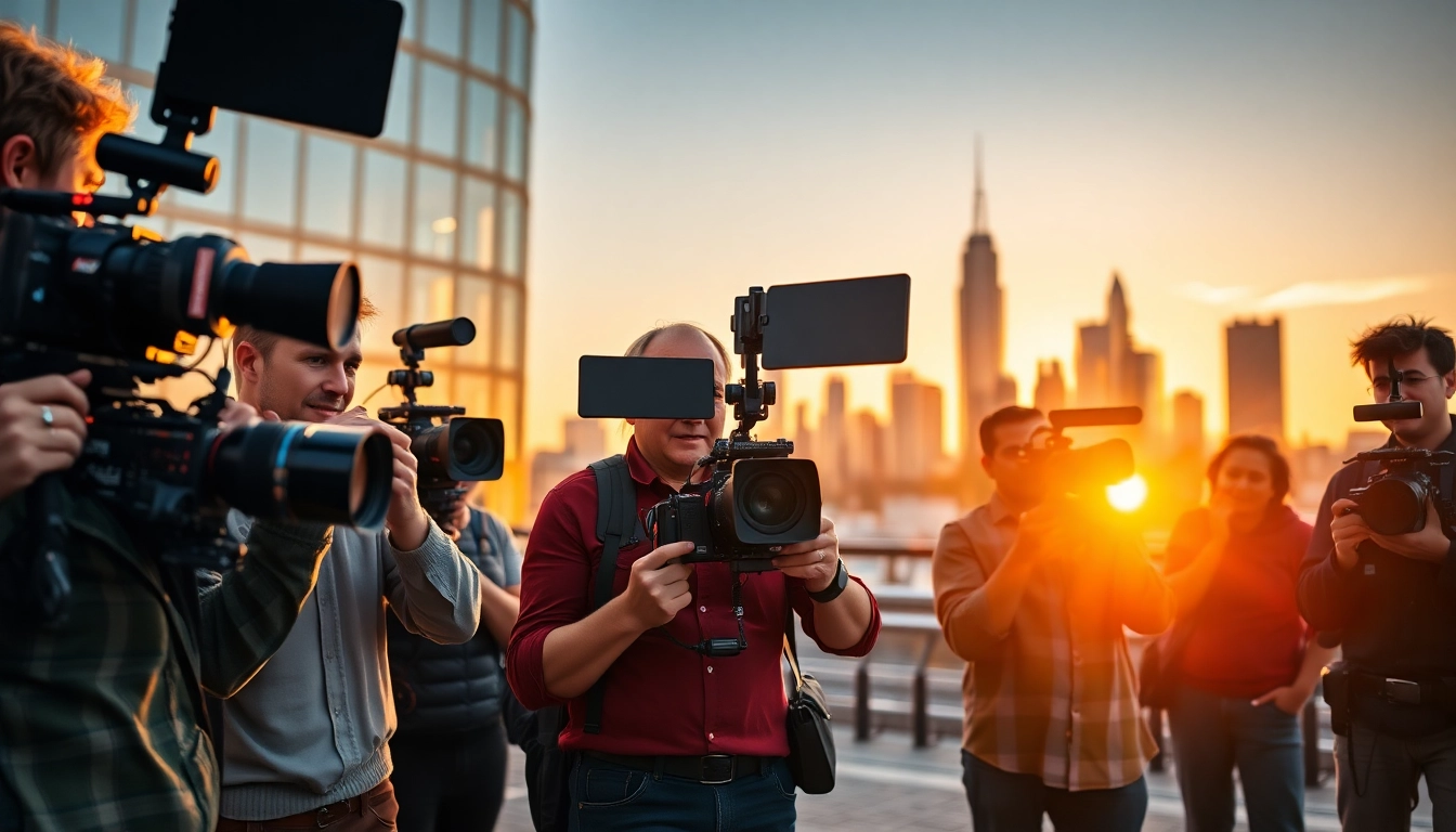 Professional Video Production team filming in a vibrant urban environment with advanced equipment.