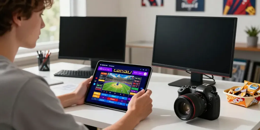 Exciting betting scene showcasing a user engaging with fabet on a tablet surrounded by sports graphics.