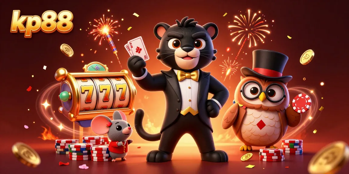 Experience thrilling gaming at kp88 with stunning characters like a tuxedo panther and a top hat owl amidst vibrant slots.