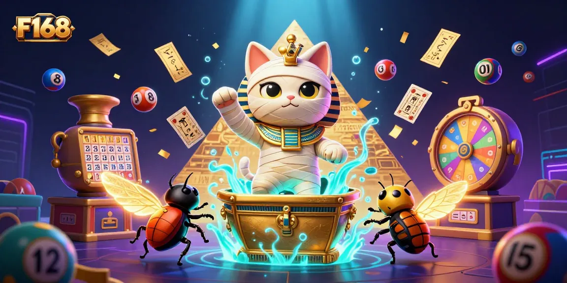 F168 captures the excitement of casino gaming with a vibrant Egyptian-themed scene of animated characters and dynamic lottery elements.