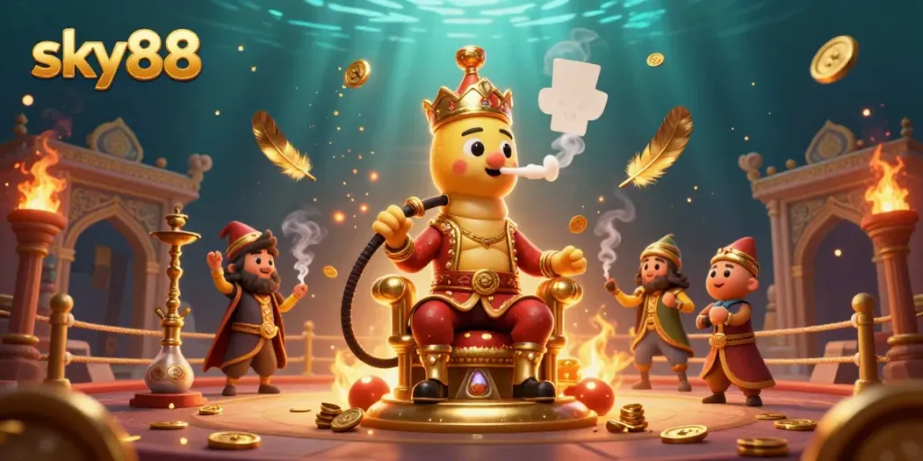 Experience thrilling gameplay with sky88's vibrant cartoon scene featuring a caterpillar poker master.