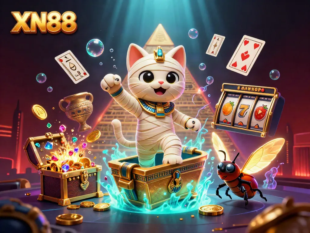 Experience the thrill of XN88 with dynamic characters in a vibrant casino scene, featuring a mummy cat and glowing scarab.